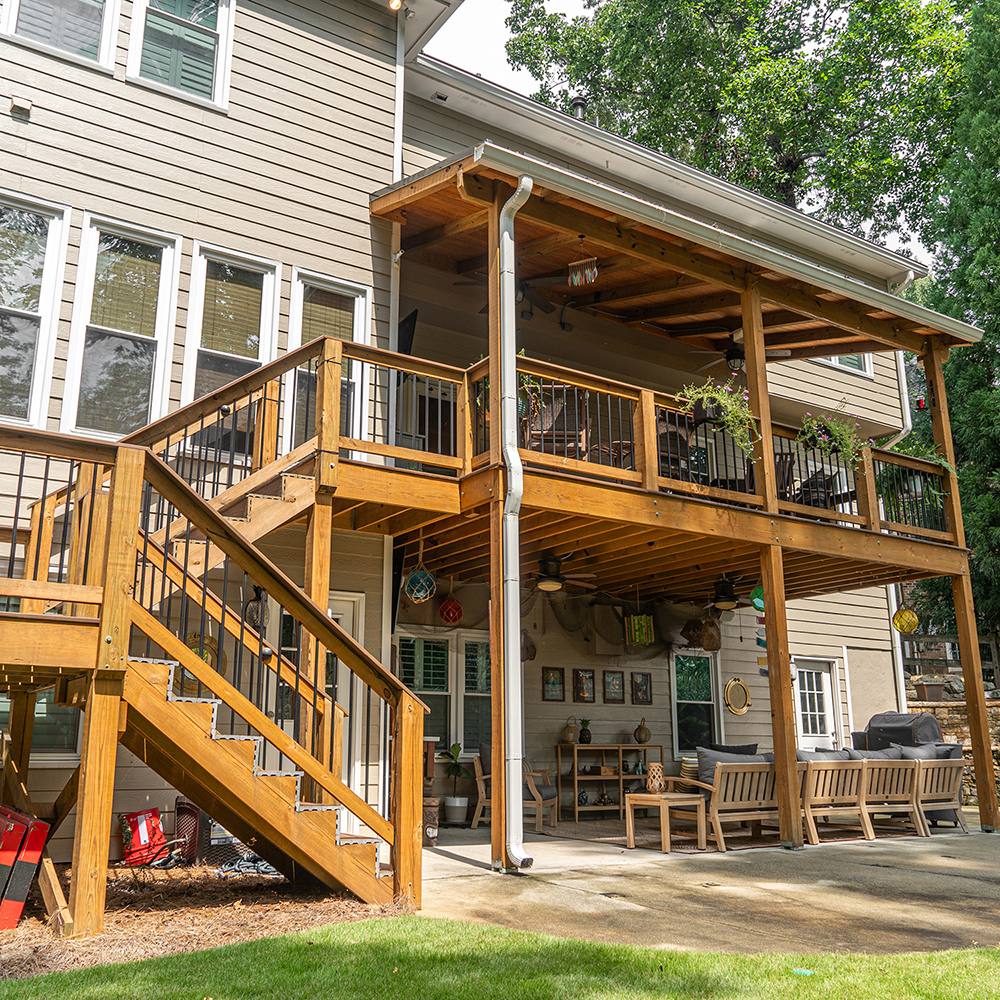 New covered multi-level deck designed and built for Kennesaw, Georgia homeowner.